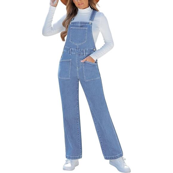 Womens Wide Leg Baggy Stretch Denim Cargo Overalls Boho Western Cottage XL - Picture 1 of 7